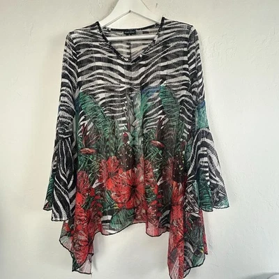 Dor Dor Couture Womens XL Zebra & Floral Print Mesh Cover Up Tunic Swim Top Boho - Image 1 of 4