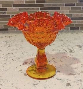 Fenton Amberina Orange Ruffled Thumbprint Compote Candy Dish 6" Tall GLOWS - Picture 1 of 12