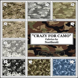 NORTHCOTT, "CRAZY FOR CAMO" CAMOUFLAGE, HUNTING, MILITARY FABRICS - Picture 1 of 11