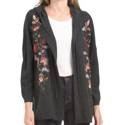 Johnny Was Wool Cashmere Zip Up Hood Sweater Brenda Cape Grey Embroider S/M;NWT - Image 1 of 4