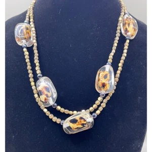 Chico's Statement Necklace Leopard Print Beads Bronze Tone Chain 20.5" - Picture 1 of 7