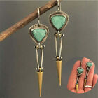 Unusual Spike Vintage Jewellery Dangle Drop Earrings Metal Ethnic Green Stone