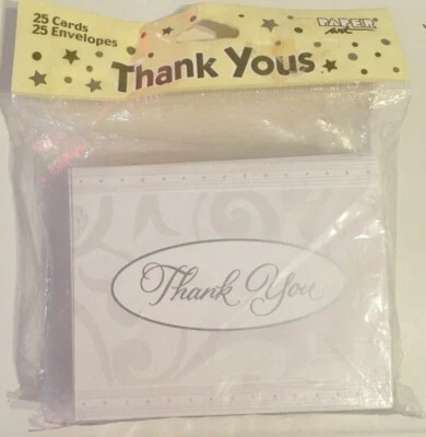 Thank You Cards 25 Count Package Silver And Wedding White Cards & Envelopes NEW - Image 1 of 4