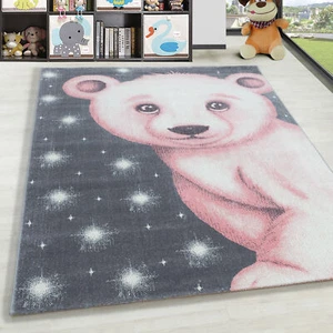Kinderteppich Kurzflor Eisbär Design Kinderzimmer Babyzimmer Teppich Grau Pink - Bild 1 von 7