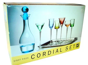 NIB LINENS N THINGS 8 Pc DECANTER & ASSORTED COLOR CORDIAL SET W/ NICKEL TRAY - Picture 1 of 6
