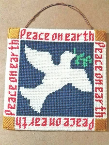 Finished PEACE ON EARTH Dove wall art 10x10" plastic canvas design w/hanger - Picture 1 of 3