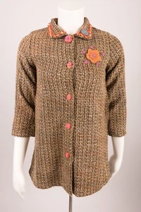 Michael Simon Girls Coat Size 7 Jacket Brown Tweed Blue Floral Knee Length  - Picture 1 of 7