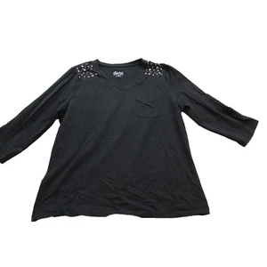 Denim & Co Shirt Womens Medium Black Studded V Neck 3/4 Sleeve Pocket Top - Picture 1 of 11