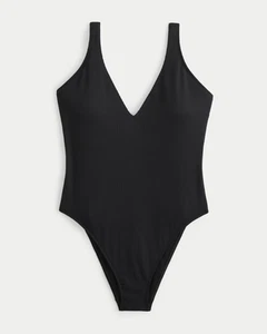 Costume da bagno donna Hollister nero a costine scollo a V pezzo unico taglia media - Foto 1 di 7