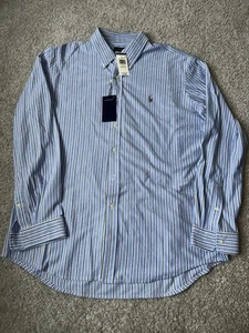 Polo Ralph Lauren slim fit maglia Oxford camicia con bottoni blu grigio righe 2XL nuova con etichette - Foto 1 di 7