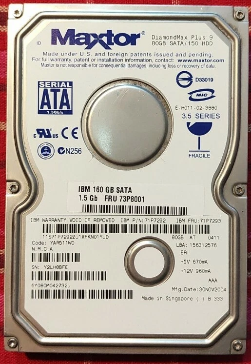 Hard disk Maxtor DiamondMax Plus 9 6Y080M0-42732J 80GB 7200RPM SATA 8MB 3.5 - Immagine 1 di 1