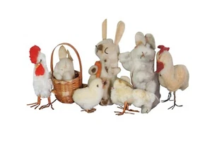 7 Pc Vintage German Spun Cotton Pom Pom Easter Bunny Rabbits Chicks - Picture 1 of 12