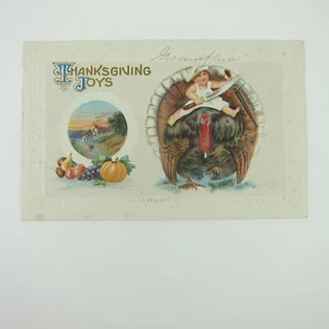 Thanksgiving Postcard Boy Chef Rides Wild Turkey Harvest Fruit Embossed Antique - Picture 1 of 12