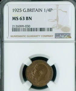 1925 GREAT BRITAIN 1/4 FARTHING NGC MS63 BN PQ SPOTLESS  * - Picture 1 of 2
