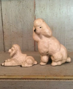 Antique French Poodle Figurine With Pup Cream Satin finish Poodle Pair - Picture 1 of 11