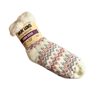 Muk Luks Cabin Socks Womens Size 8-10 Fully Lined Non-Skid Grippers Beige & Pink - Picture 1 of 5