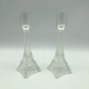 Pier 1 Eiffel Tower Pressed Glass Candlestick Candle Holders Paris France 7" - Picture 1 of 5