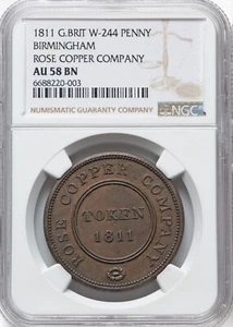 Great Britain - 1811 Birmingham Penny Token - NGC AU58 BN - MARK FREE PQ! - Picture 1 of 2
