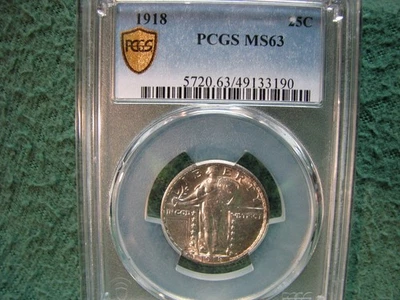 1918  U.S. Standing Liberty Quarter Dollar SILVER Coin  Graded By PCGS  MS 63 - Image 1 of 4