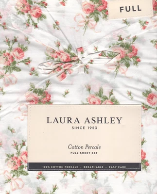 Laura Ashley Full Sheet Set Ribbon Bouquet Red 4pc Farmhouse Chic Cottage Green - Image 1 of 4
