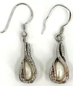 Vintage Sterling Silver 925 Pearl Caged Earrings - 1.5" Long - Picture 1 of 2
