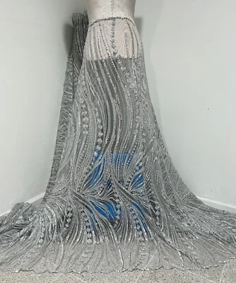 Silver Heavy Beaded Sequins Embroidery Bridal Lace Fabric 50” Width Sold By Yard - Image 1 of 4