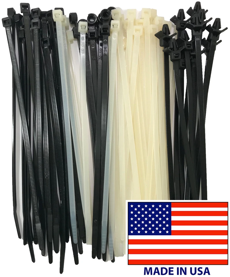 Bridas de cable de nailon blanco y negro de 4" - 48" pulgadas envoltura de cable tipo y tamaño UL - EE. UU. Foto 1 de 4