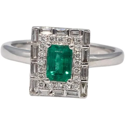 18k White Gold Emerald and Diamond Rectangle Halo Ring 0.70CTW Size 6 - Image 1 of 4