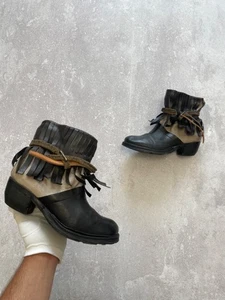 A.S.98 Women's Black & Beige Leather Fringe Ankle Boots Size 38 Boho Western - Picture 1 of 21