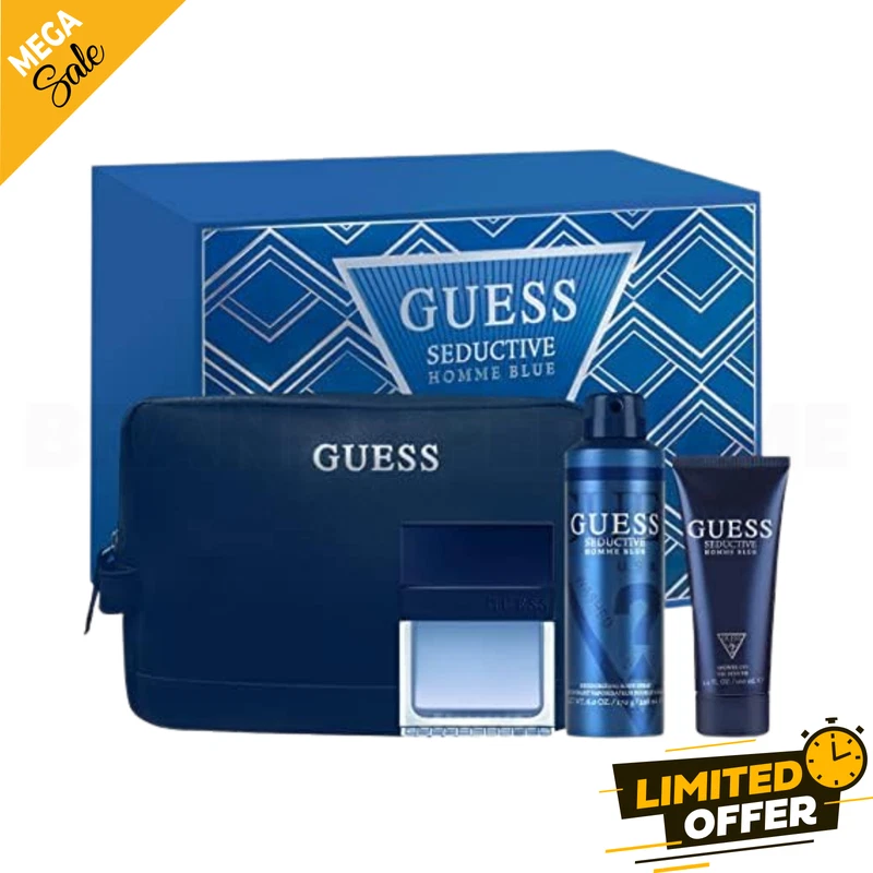 GUESS SEDUCTIVE HOMME BLUE 4Pcs SET: 3.4Oz EDT 6Oz DEO 3.4Oz GEL & POUCH FOR MEN - Image 1 of 1