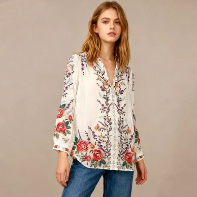 NUEVO SIN ETIQUETAS JOHNNY WAS Yasamine Bordado Floral Manga Larga Bohemia CAMISA S Foto 1 de 4