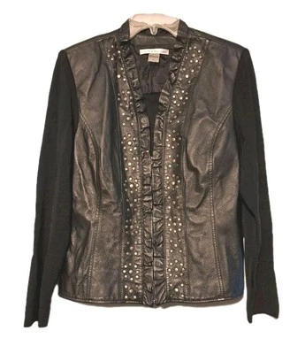 Chaqueta para mujer Peter Nygard L de cuero negra tejida con tachuelas y volantes cuello caprichoso  Foto 1 de 4