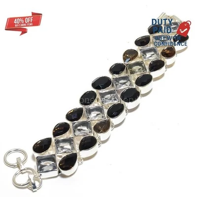 Christmas Sale Sterling Silver White Topaz Black Onyx Unique Wife Chain Bracelet - Image 1 of 4