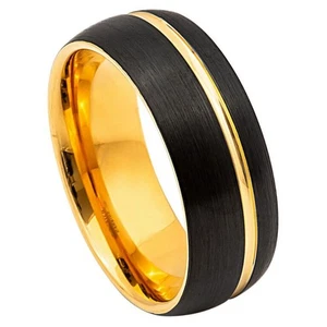 8mm Yellow Gold & Black Tungsten Ring Brushed Groove Two-Tone Wedding Band - Picture 1 of 3