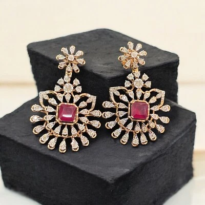 4.55 TCW Round Brilliant Cut Natural Diamonds Ruby Dangle Earrings 14K Rose Gold - Image 1 of 4