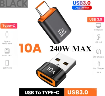 10A USB 3.0 to Type-C OTG ADAPTER PAIR For iPhone Samsung FAST CHARGE OTG 240W - Image 1 of 4