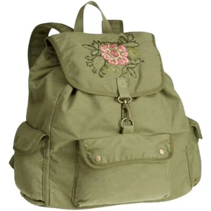 Life Is Good Backpack Drawstring Flap Cover Olive Green Pink Embroidered Flowers - Picture 1 of 14