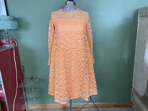 VTG 1950s RONNIE Lace Cocktail Dress Orange Sheath 60s Bridesmaid Cottage Core - Picture 1 of 12