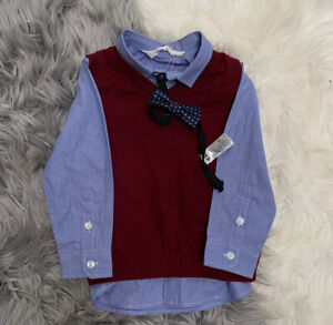 H&M Boys Shirt Tie Vest Size 2/4 Blue Red  3 Pieces Button Down