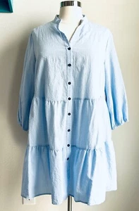 Baby Blue & White Size 4XL Seersucker Check Tiered Shirt Dress with Long Sleeves - Picture 1 of 15