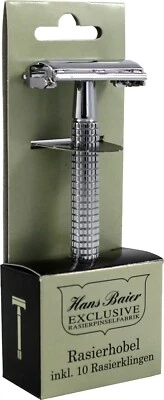 RASIERHOBEL & 10 RASIERKLINGEN Butterfly-System langer Griff Metall HANS BAIER