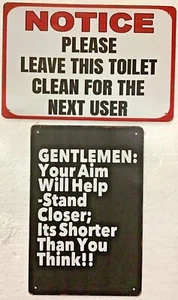 TWO 8x12 TIN SIGNS Funny clean bathroom restroom toilet notice ladies gentlemen - Picture 1 of 10