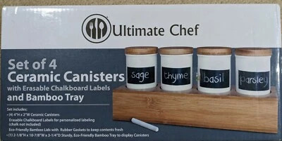  Set of 4 Ultimate Chef White Ceramic Spice Canisters with Bamboo Lids & Holder - Image 1 of 4