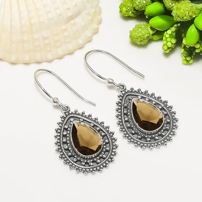 Smoky Quartz Gemstone Solid 925 Sterling Silver Bohemian Handmade Earring V7479 - Image 1 of 4
