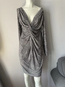 Norma Kamali Animal Print Ruched Front Deep V-Neck Mini Dress Womens L - Picture 1 of 9