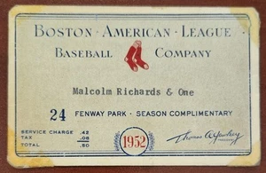 1952 Boston Red Sox Fenway Park Season pass ticket Ted Williams Mickey Mantle - Foto 1 di 2