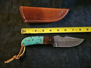 Handmade Raindrop Damascus, Designed Turquoise and Walnut Handle - Picture 1 of 6