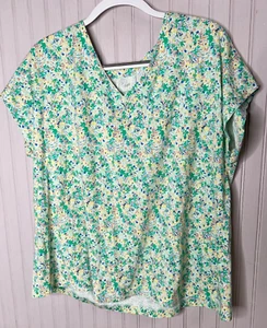 J Jill Women TOP XL Green Floral Whimsy V-Neck Supima Cotton Luxe - Picture 1 of 11