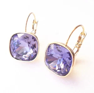 Tanzanite Purple Crystal Golden Drop Earrings w/ Cushion Cut RhinestoneProm Gift - Picture 1 of 4