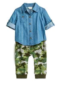 Cat & Jack Infant Boys 2Pc Baby Outfit Blue Denim Shirt & Dino Camo Pant Set 6-9 - Picture 1 of 1